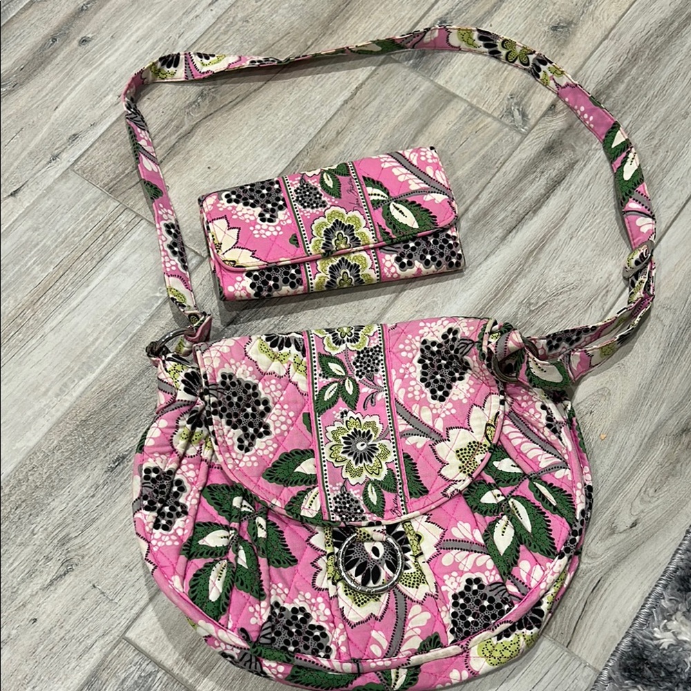 Vera Bradley Floral Pink Shoulder Bag and Wallet Set
